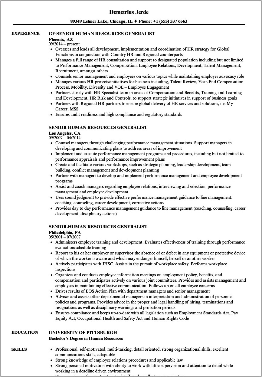 Samples Of Supervisory Human Specialist Resume