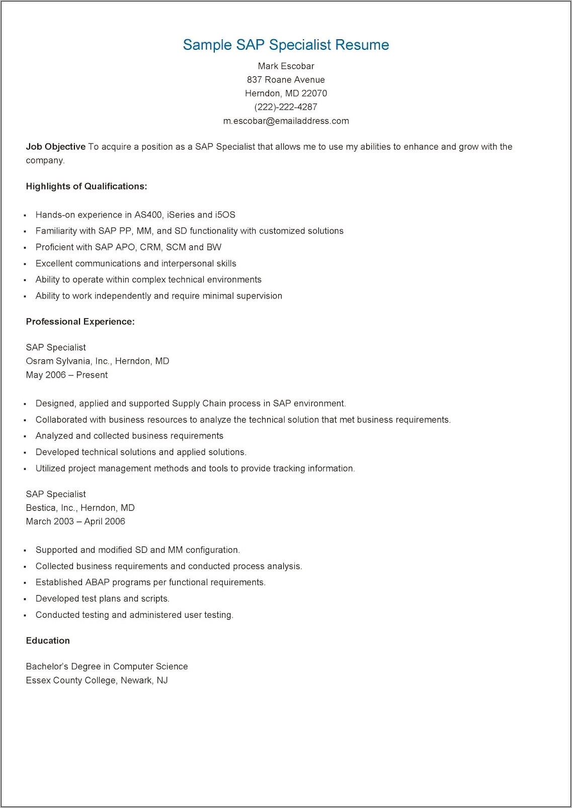 Sap Sd Resume Sample For Experienced