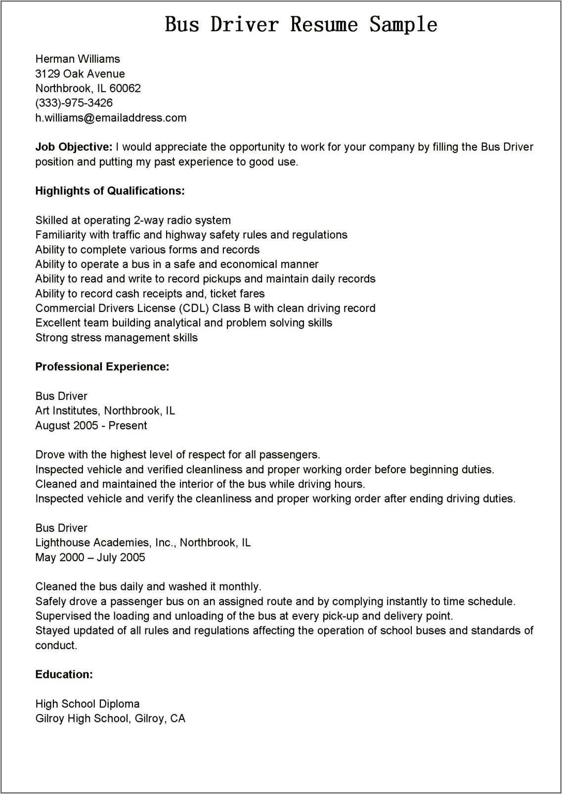 School Bus Driver Job Description For Resume