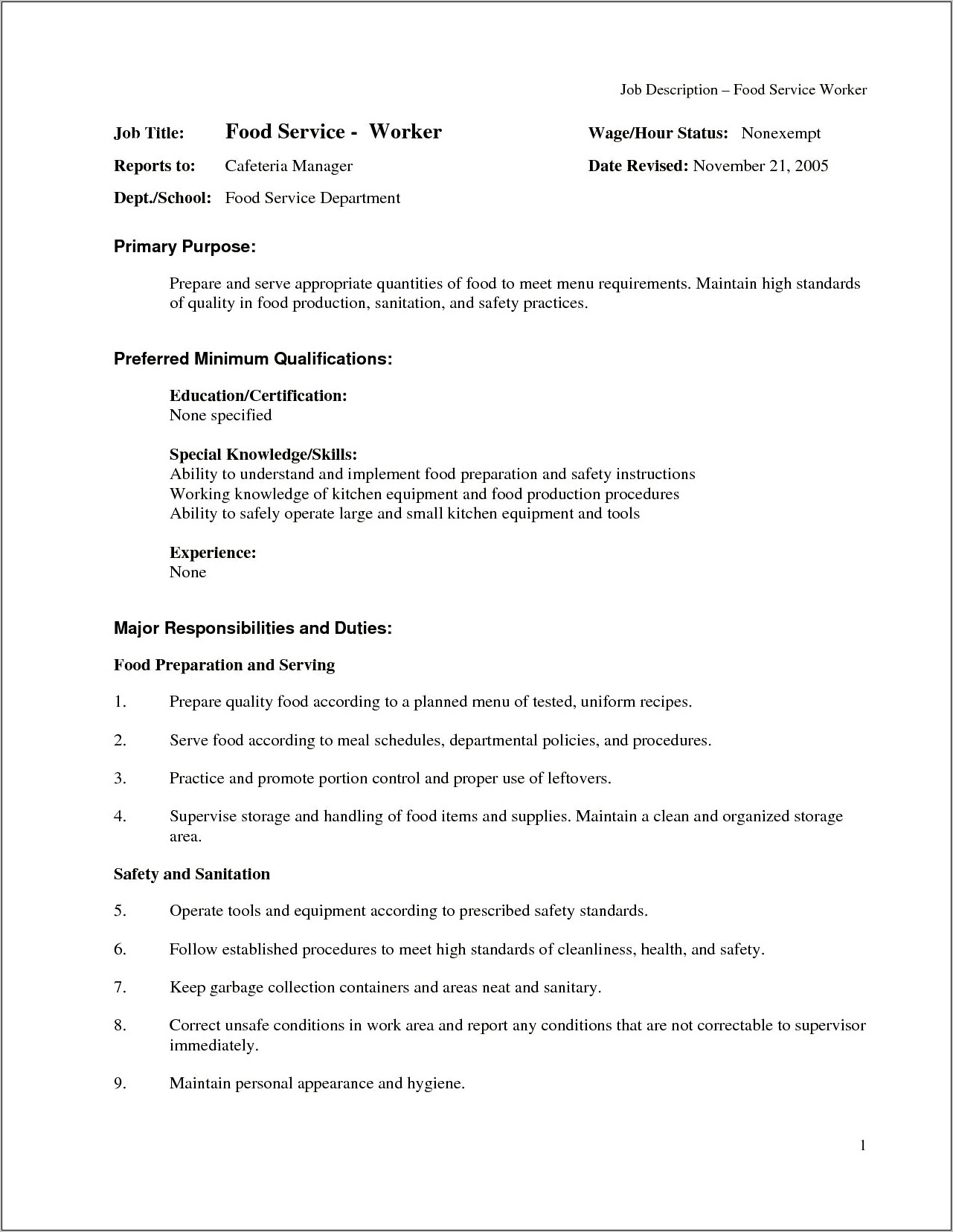 School Cafeteria Job Description For Resume