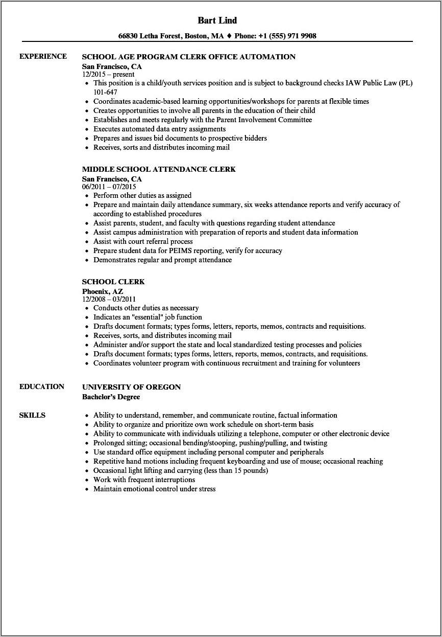 School Clerk Job Description For Resume