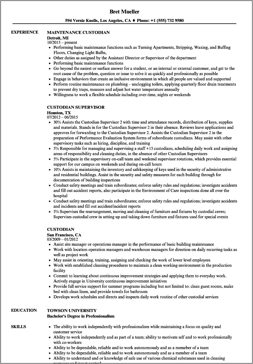 School Custodian Job Description For Resume