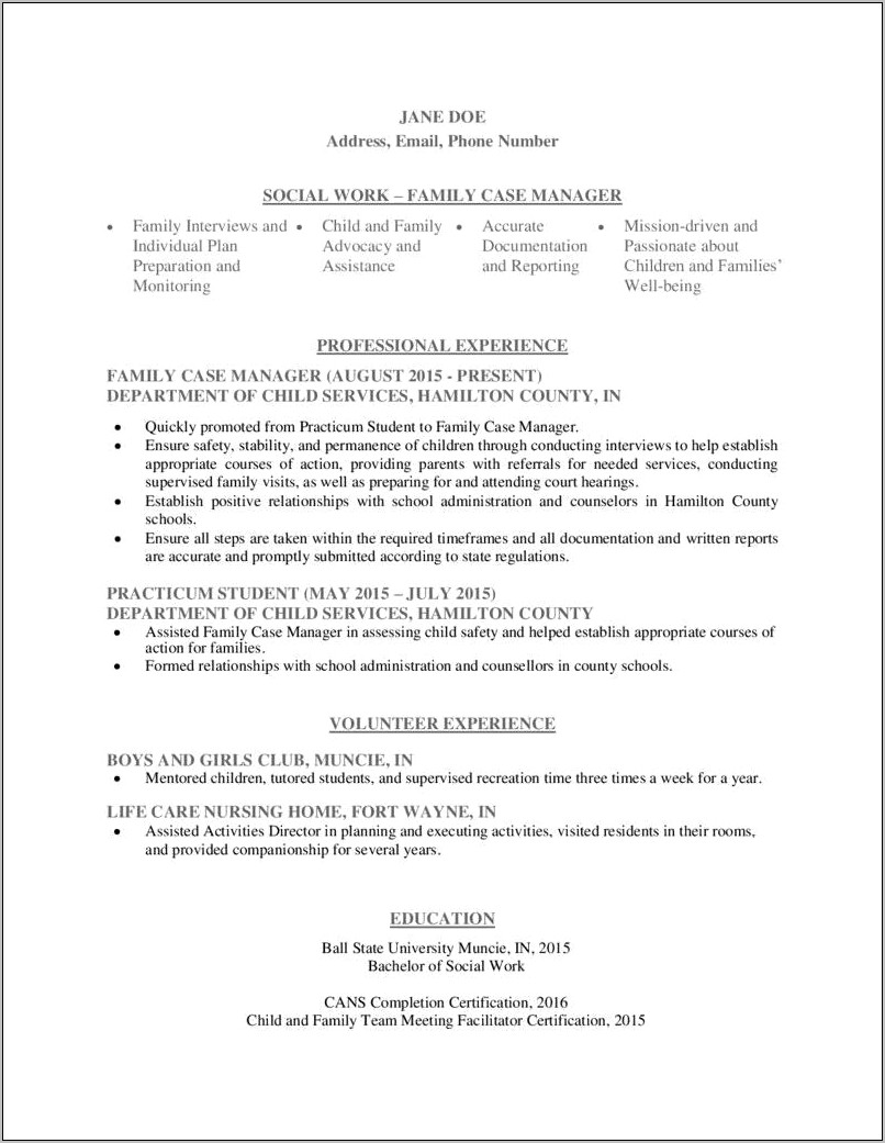 School Social Work One Page Resume