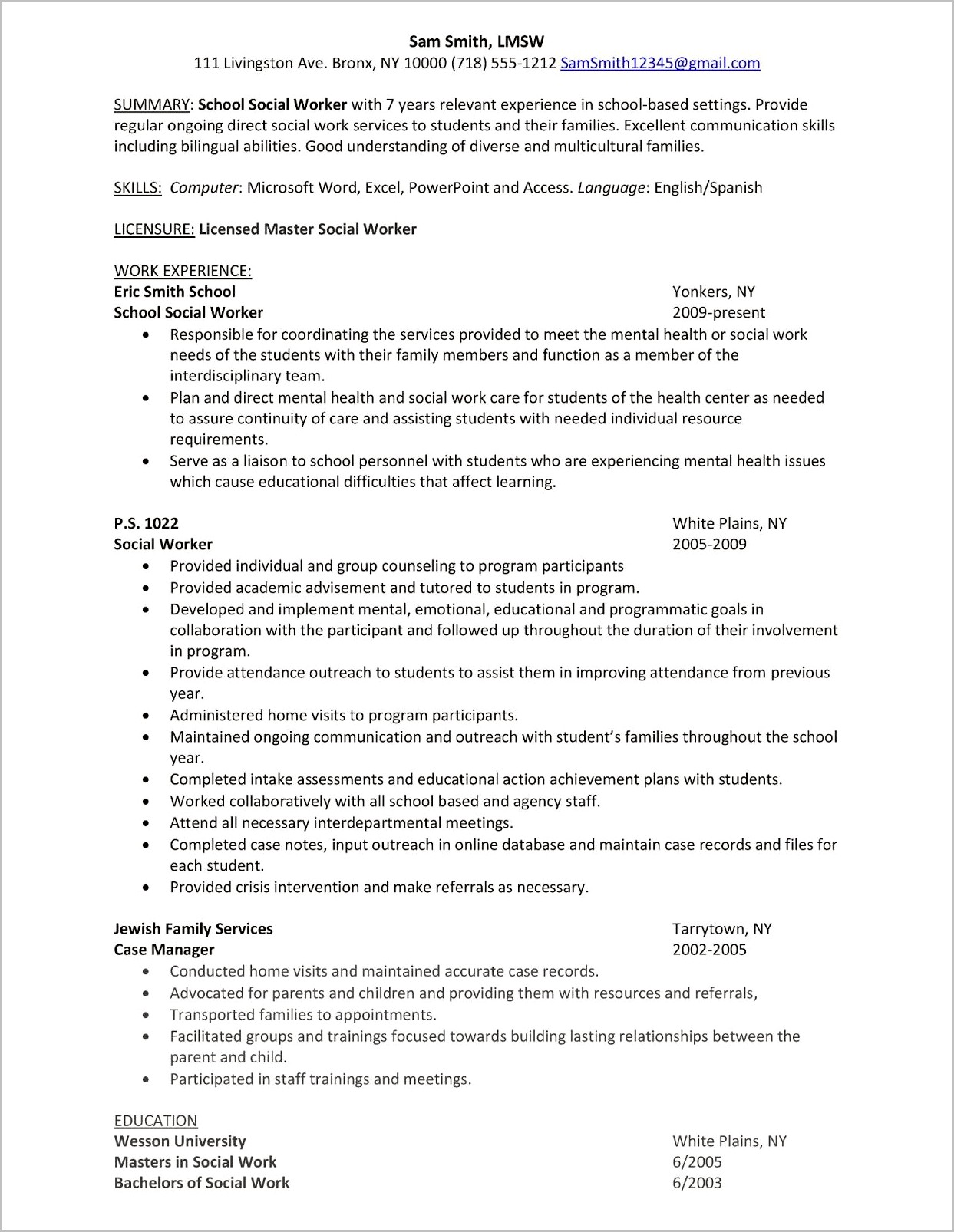 School Social Worker Job Description For Resume