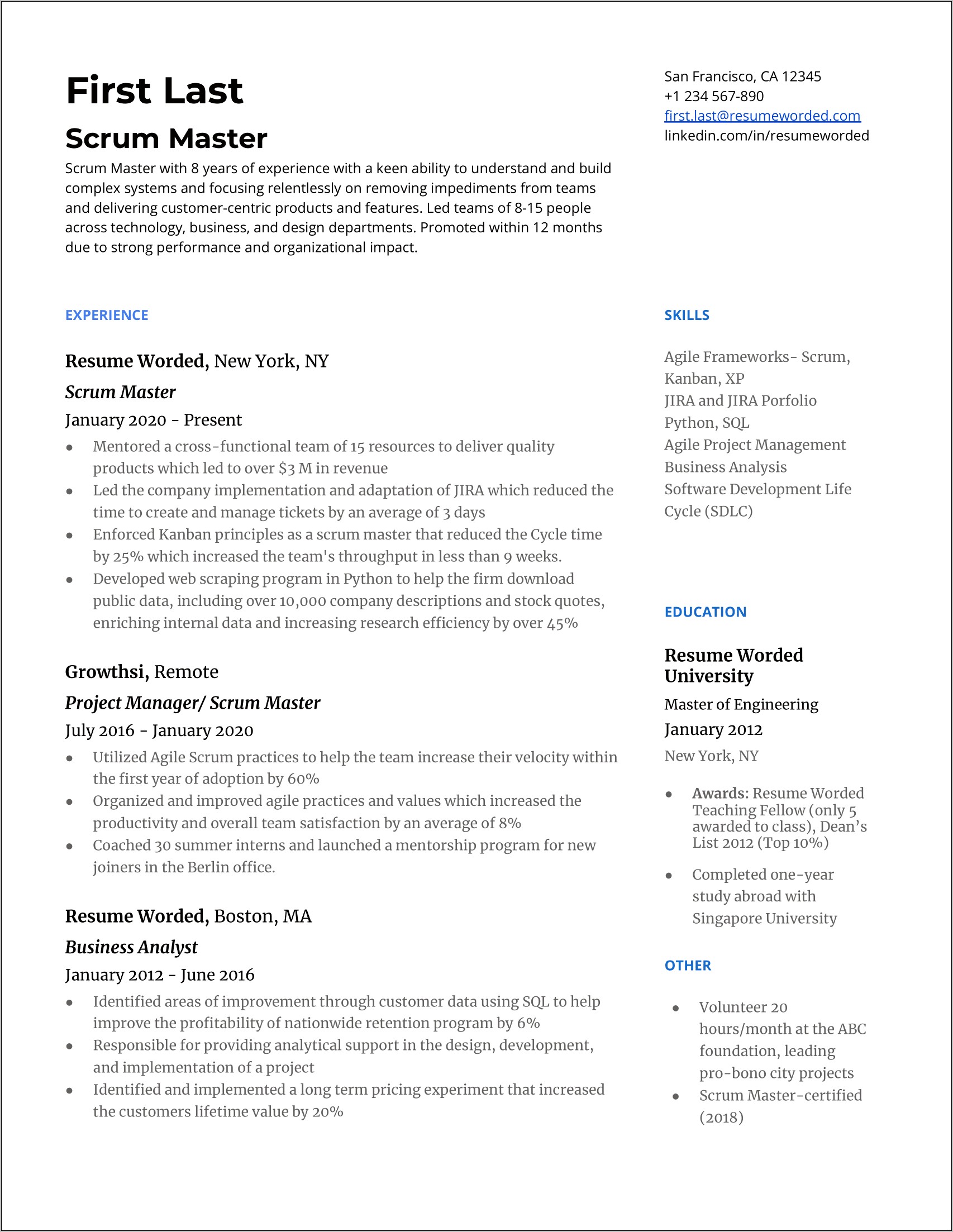 Scrum Master Resume With Specific Conflict Examples