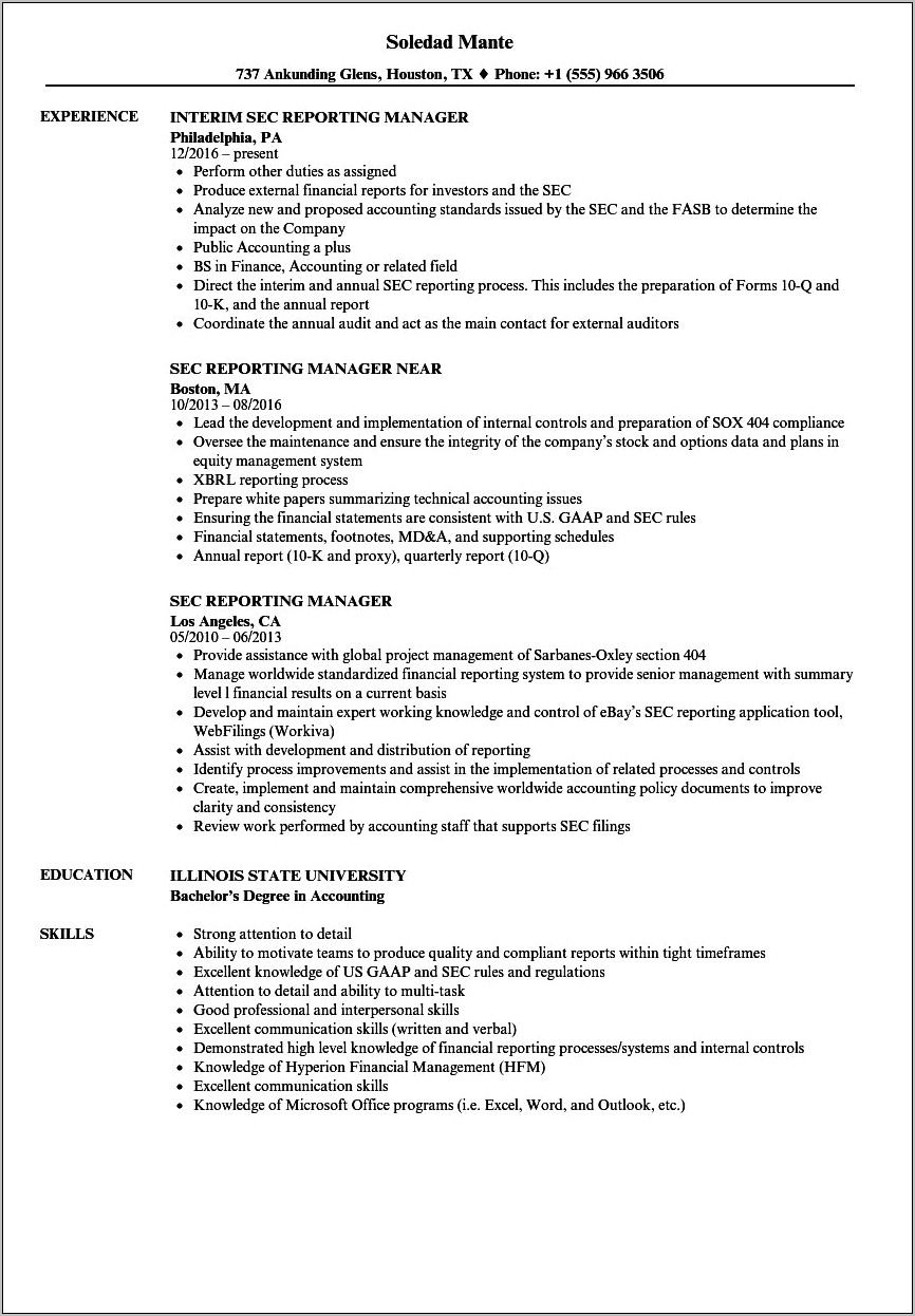 Sec Reporting Accountant Job Description Resume