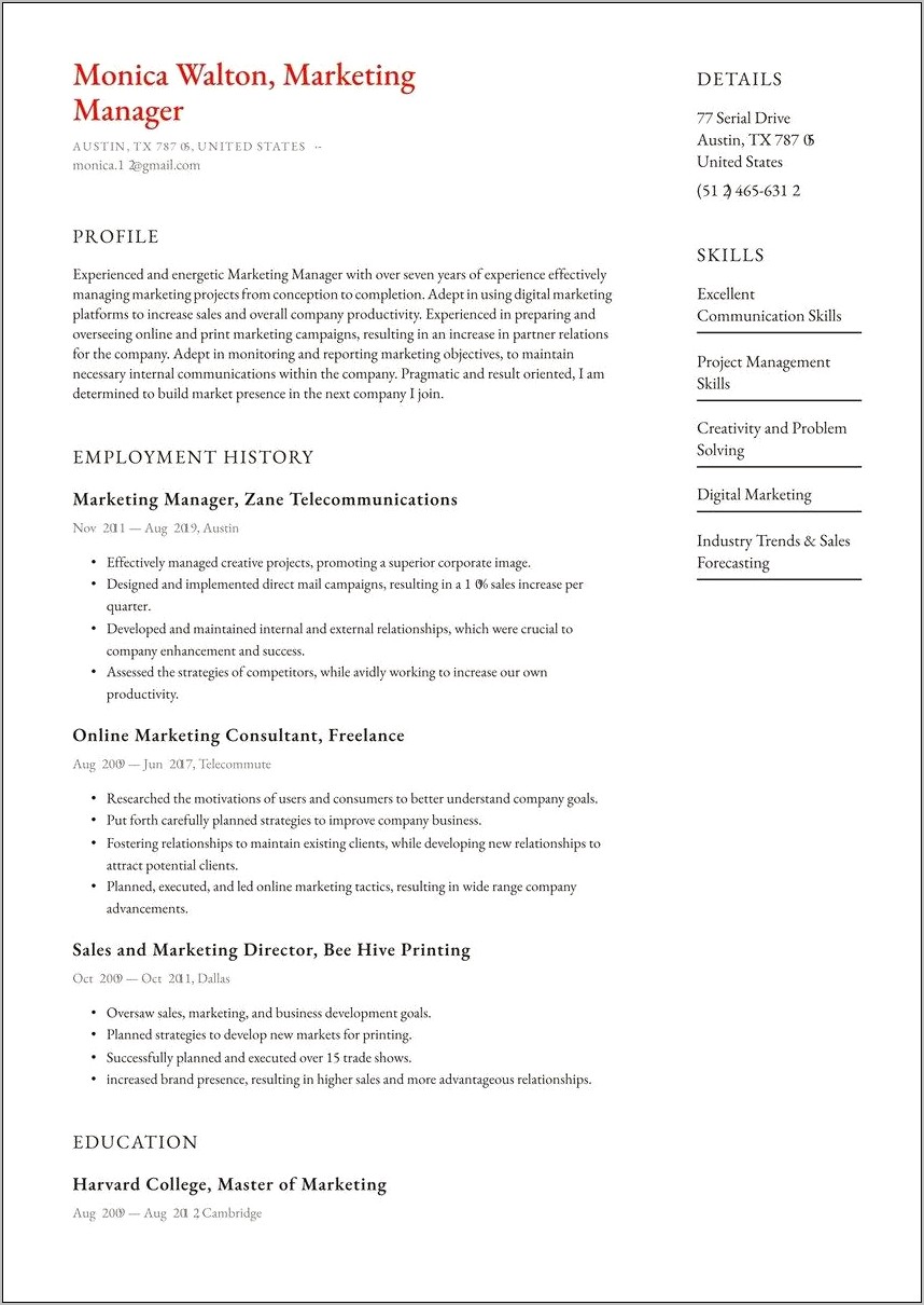 Second Job Out Of College 2 Page Resume