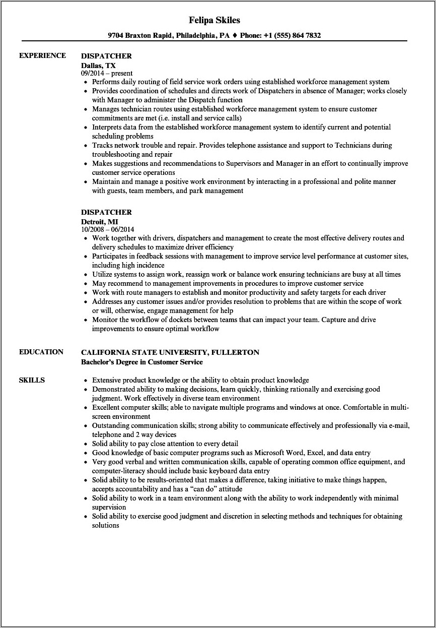 Security Dispatcher Job Description For Resume