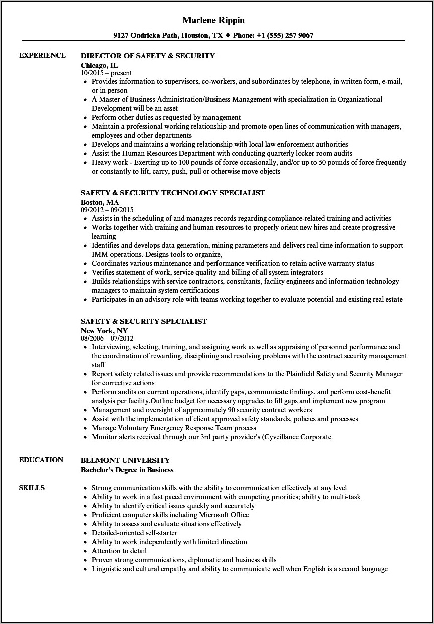 Security Officer For A Plant Resume Skills