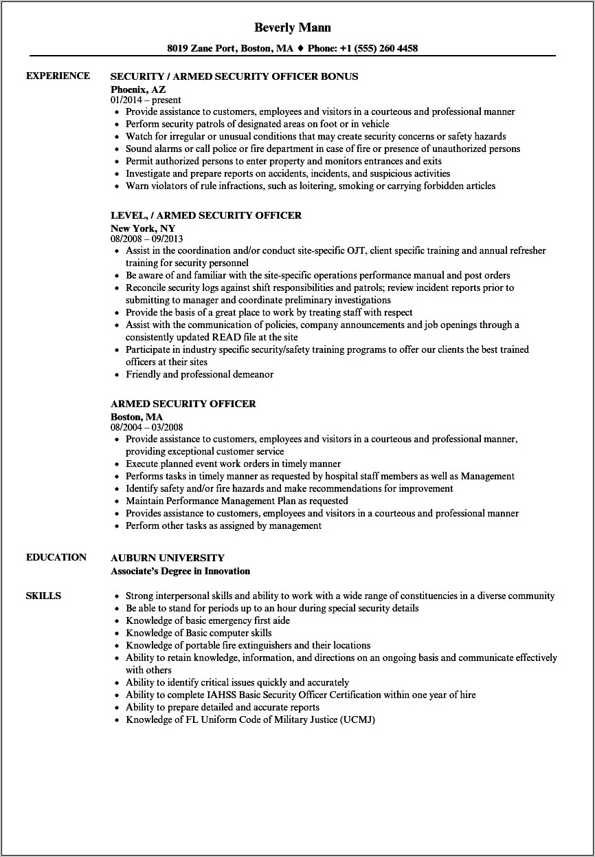 Security Officer For Plant Resume Skills