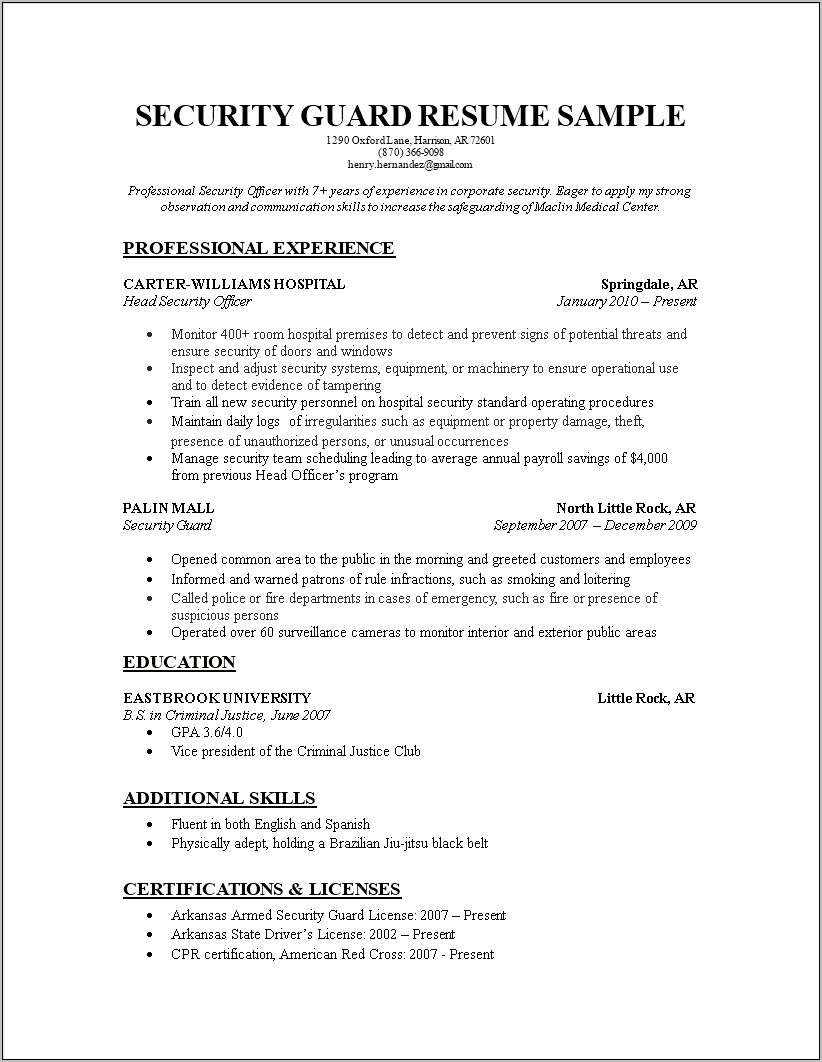 Security Officer Security Guard Resume Sample