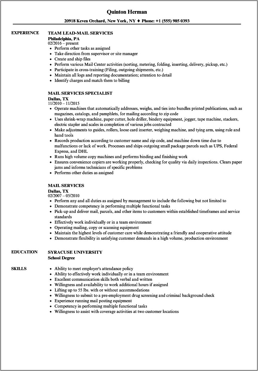 Sending In Mail With Resume Template