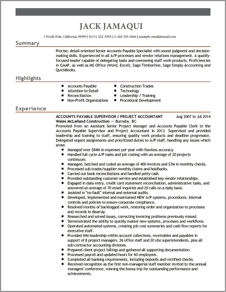 Senior Accounts Payable Job Description Resume