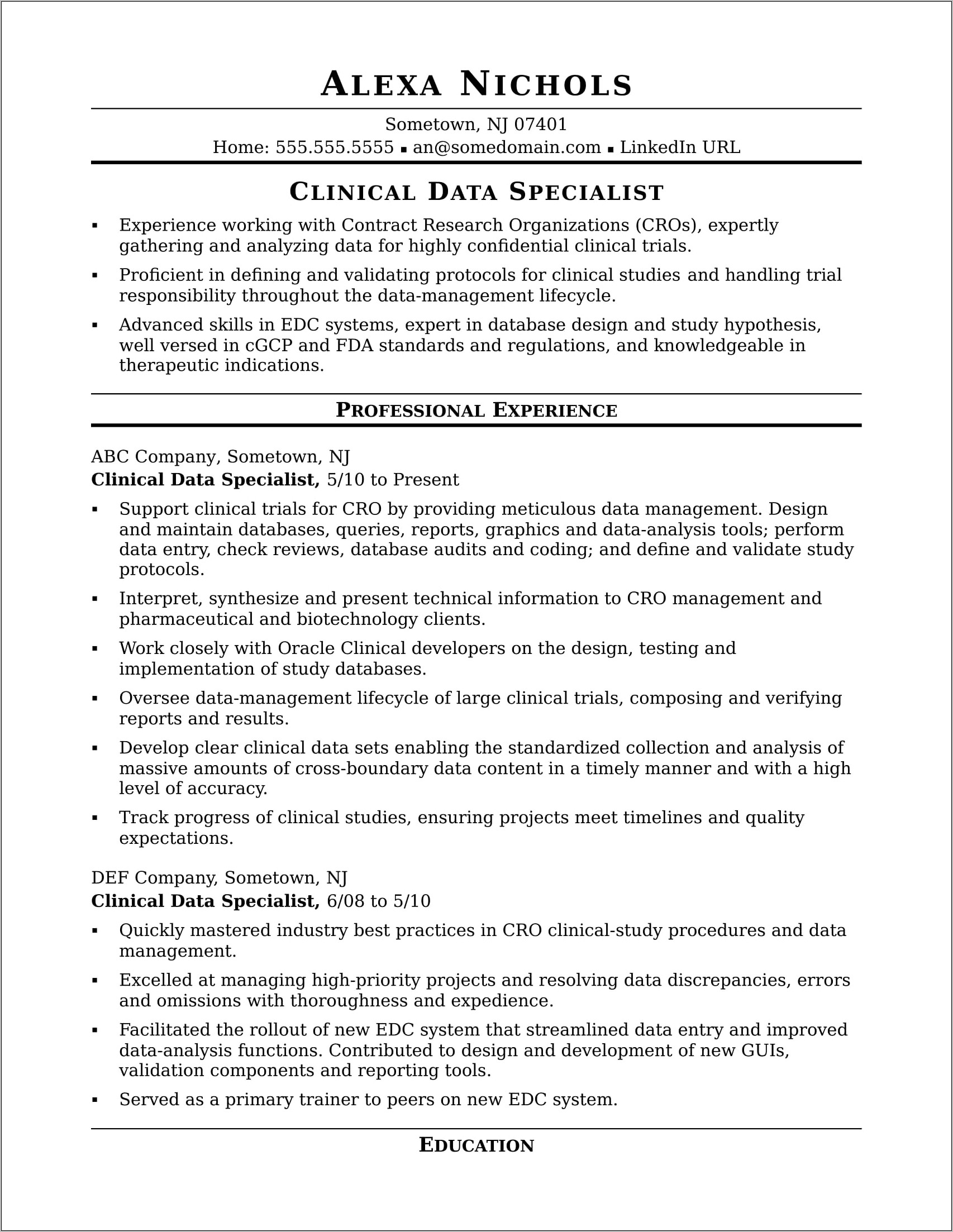 Senior Clinical Research Associate Resume Sample