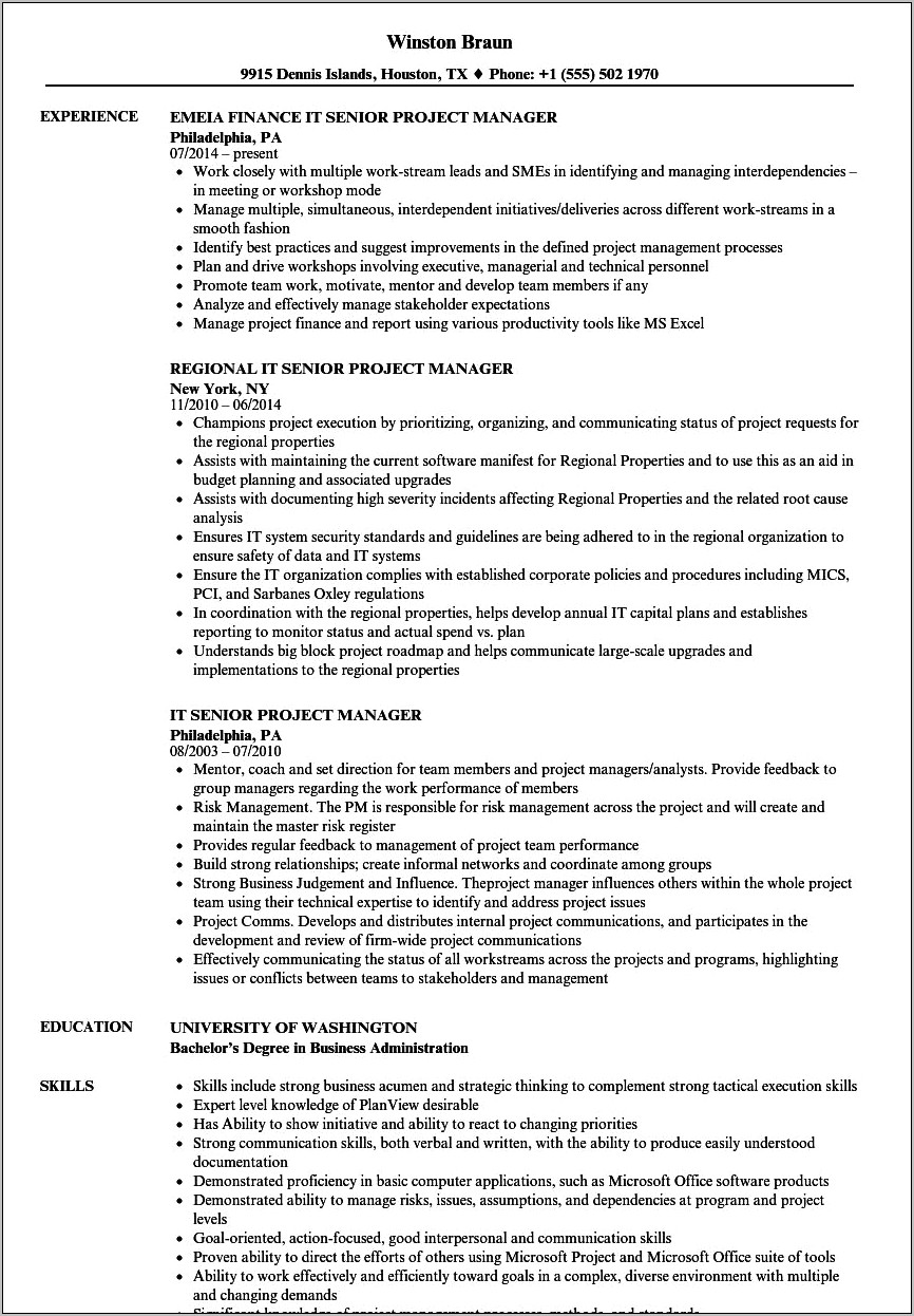 Senior It Project Manager Resume Sample