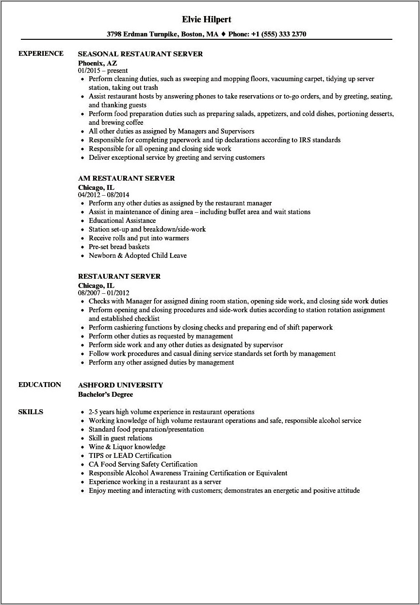 Server Duties On Resume For A Different Job