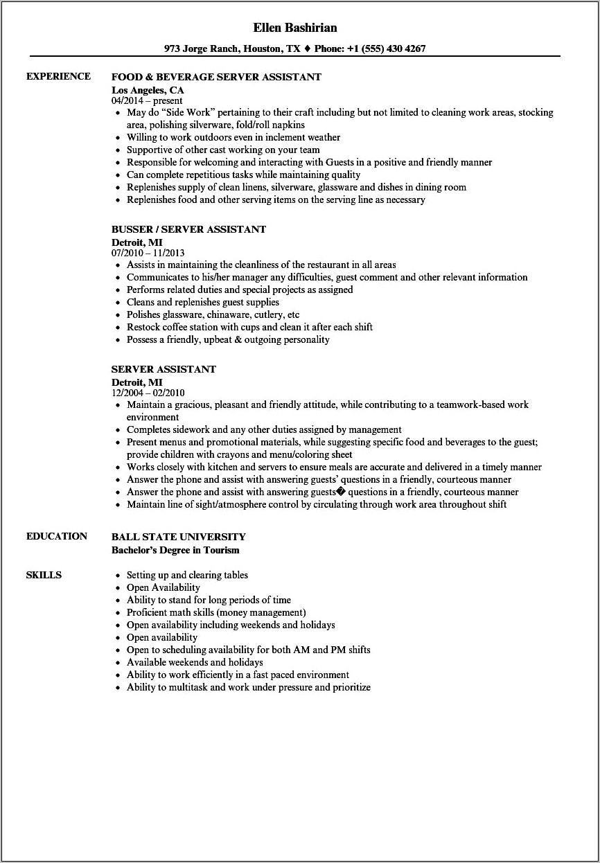 Server Job Duties And Responsibilities Resume