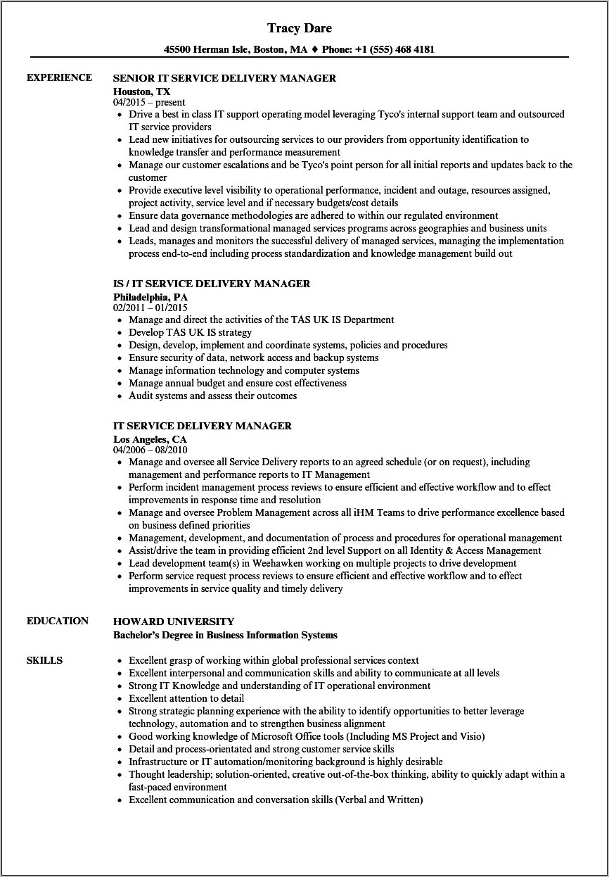Service Delivery Manager Resume Cover Letter