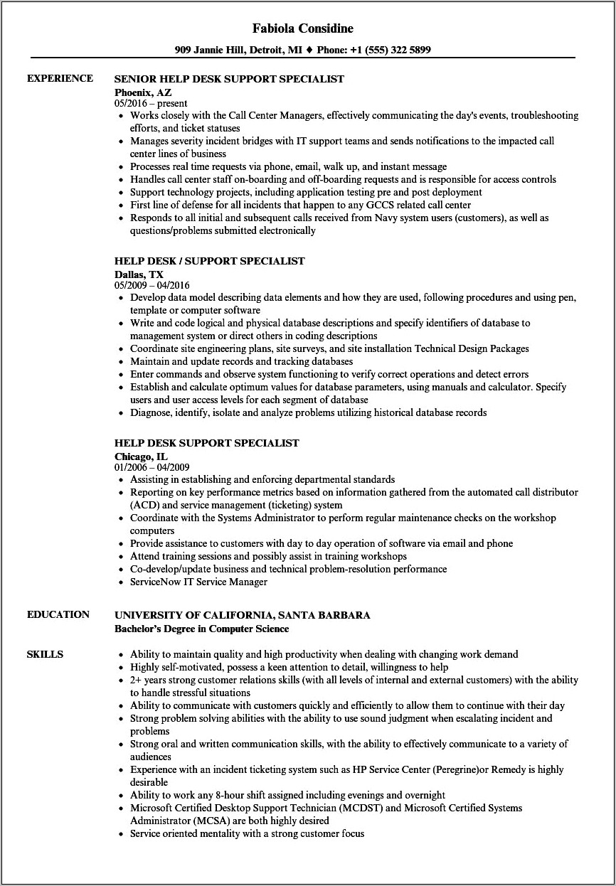 Service Desk Specialist Job Description For Resume