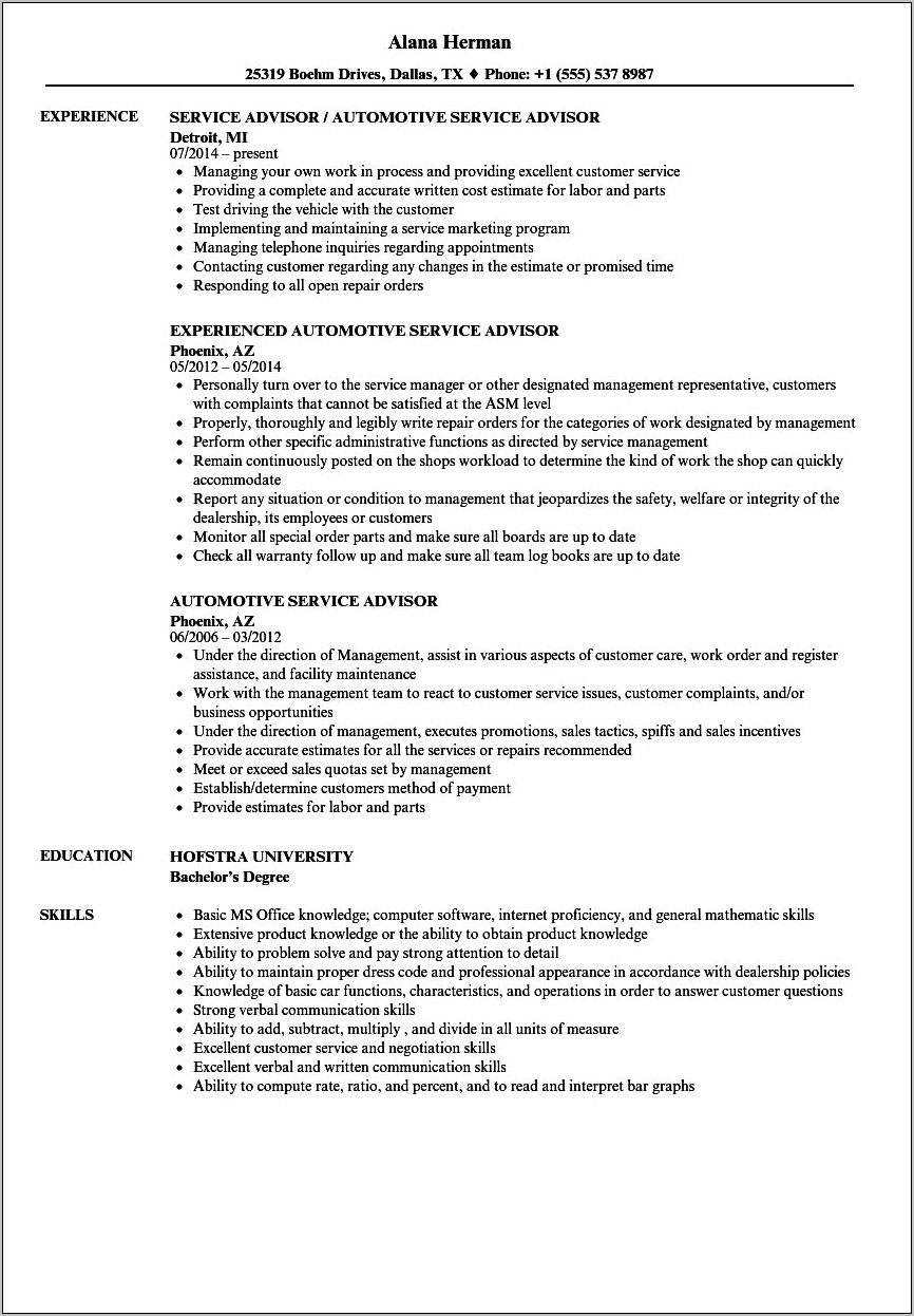 Service Writer Job Description For Resume