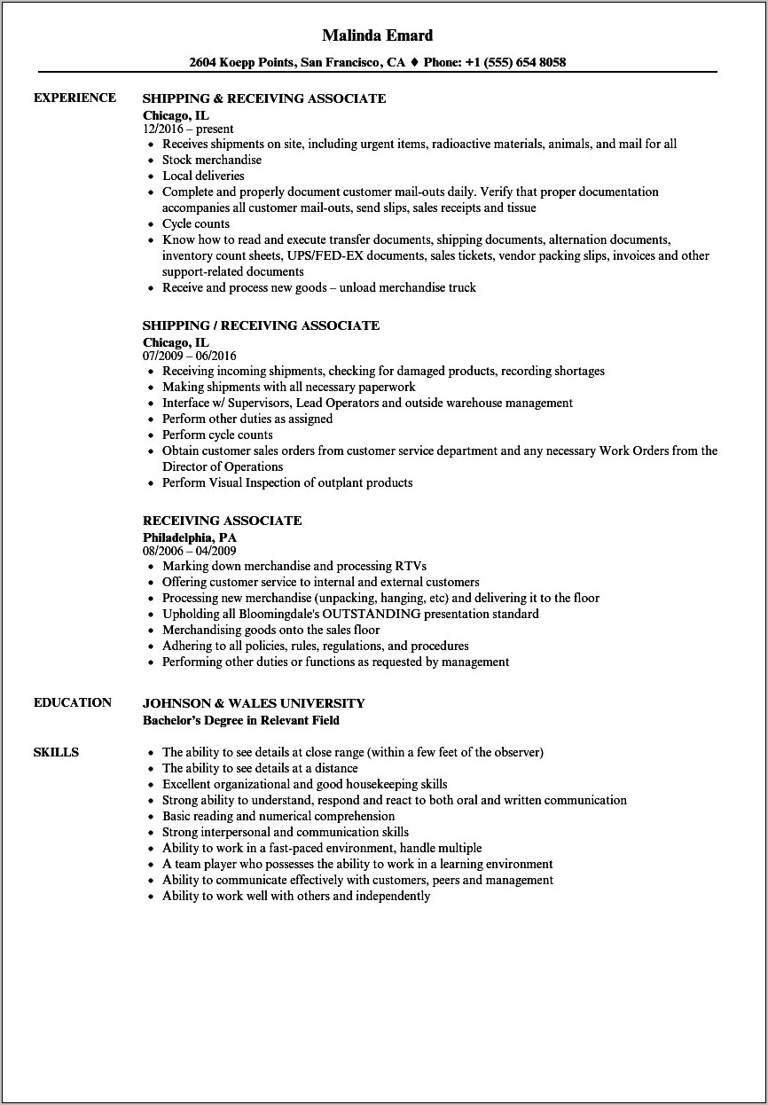 Shipping And Receiving Job Objective For Resume