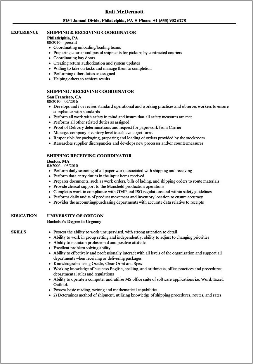 Shipping And Receiving Warehouse Resume Sample