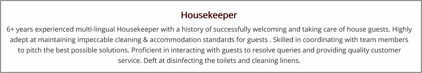 Short Housekeeping Job Description For Resume