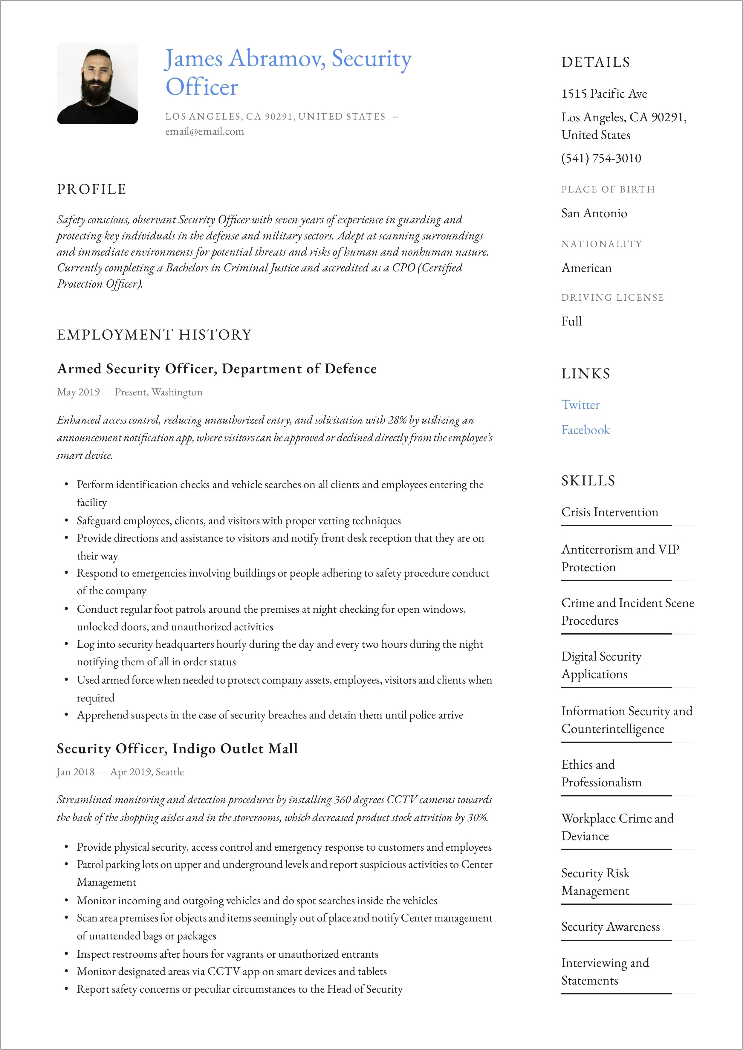 Show Me Completed Resume Example For Security Officer