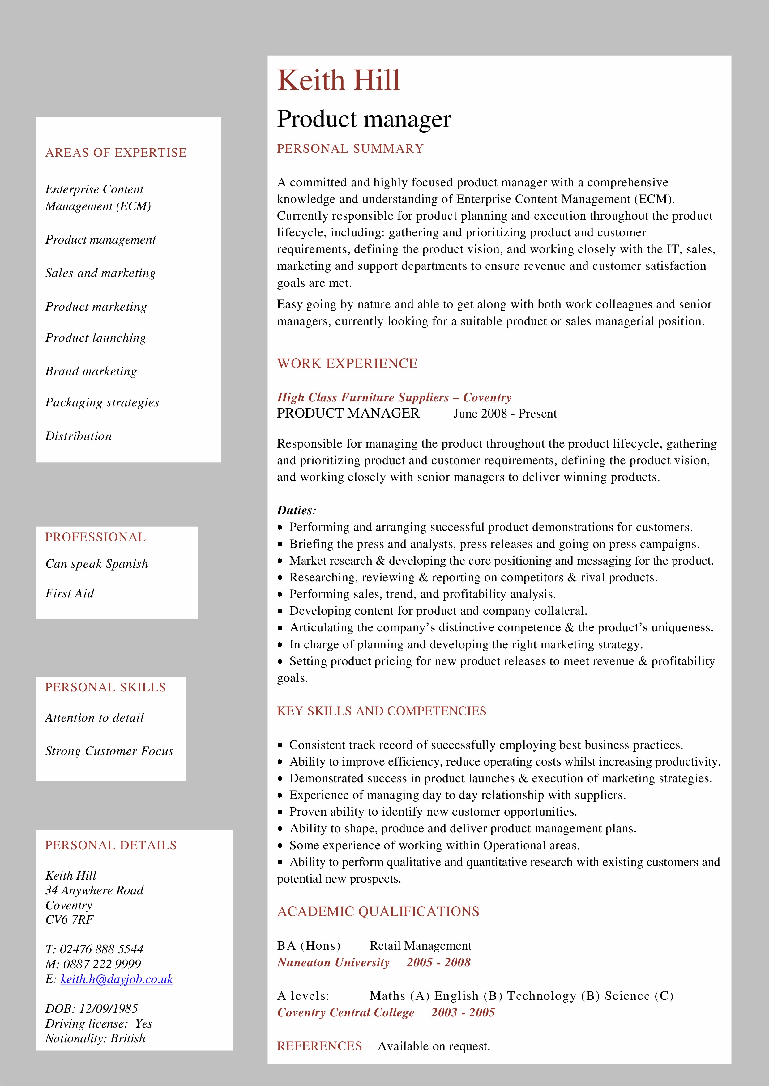 Simple Format For Product Manager Resume