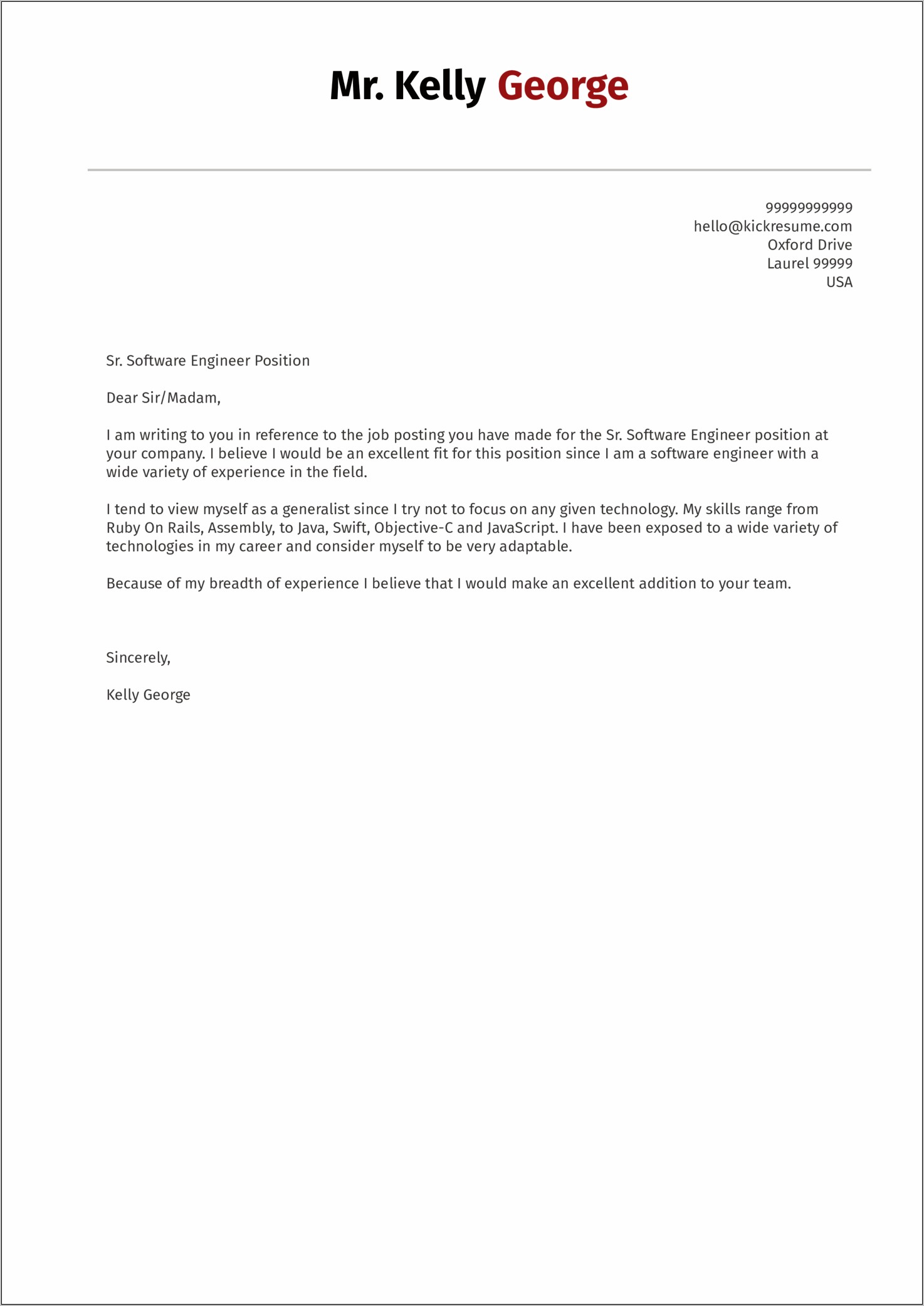 Simple Generic Cover Letter With Resume