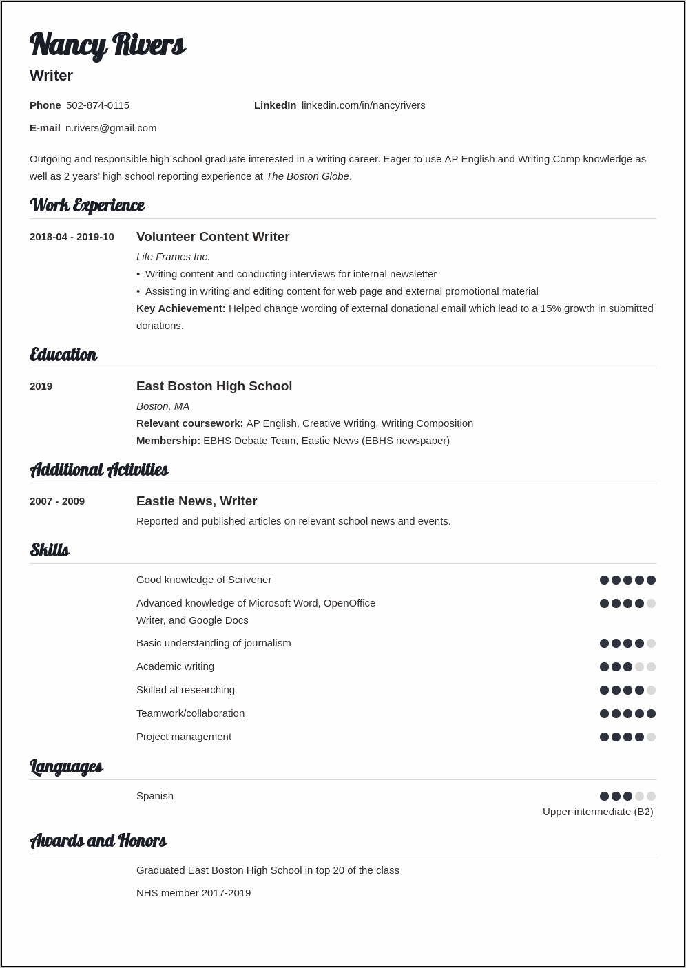 Simple High School Student Resume Examples