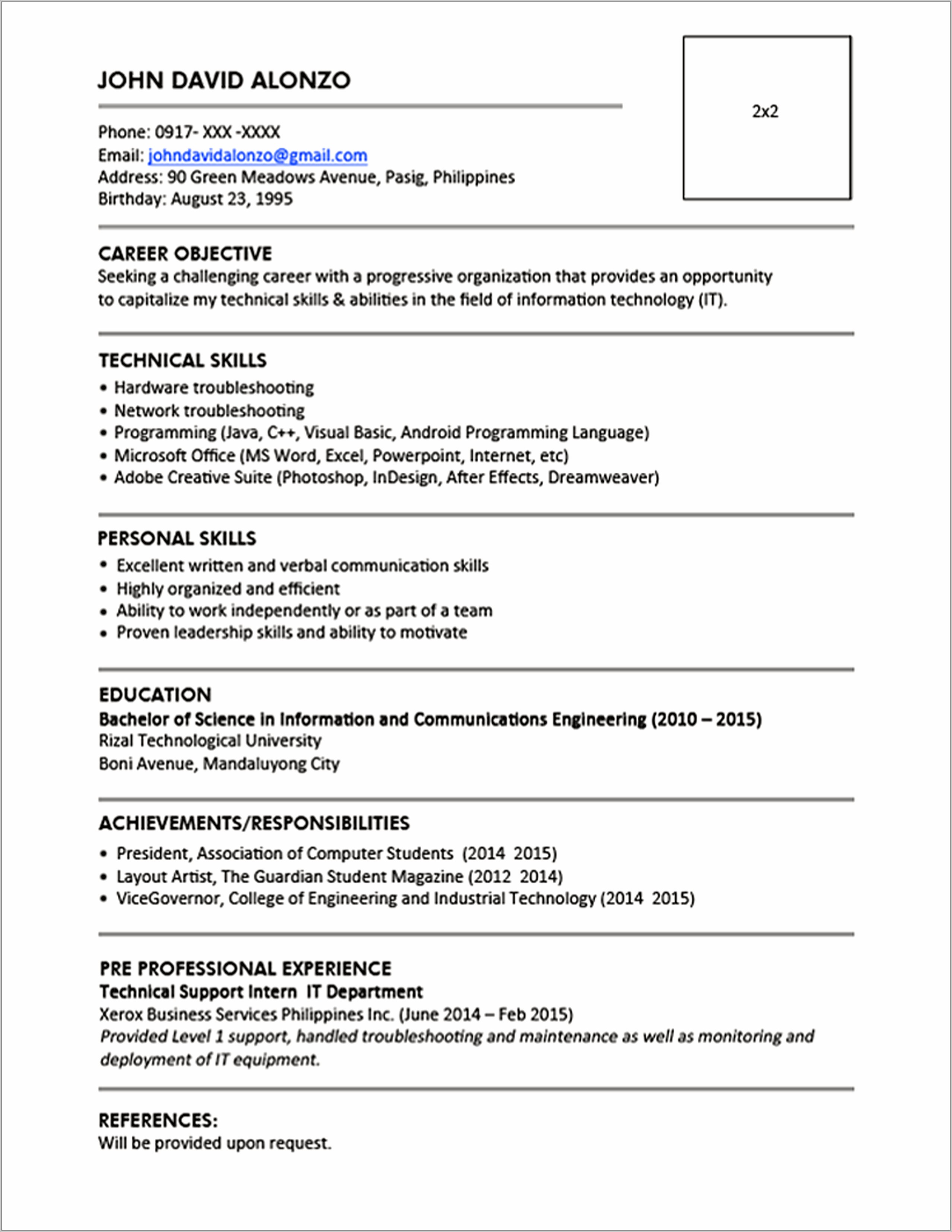 Simple Resume Sample For Fresh Graduate Pdf