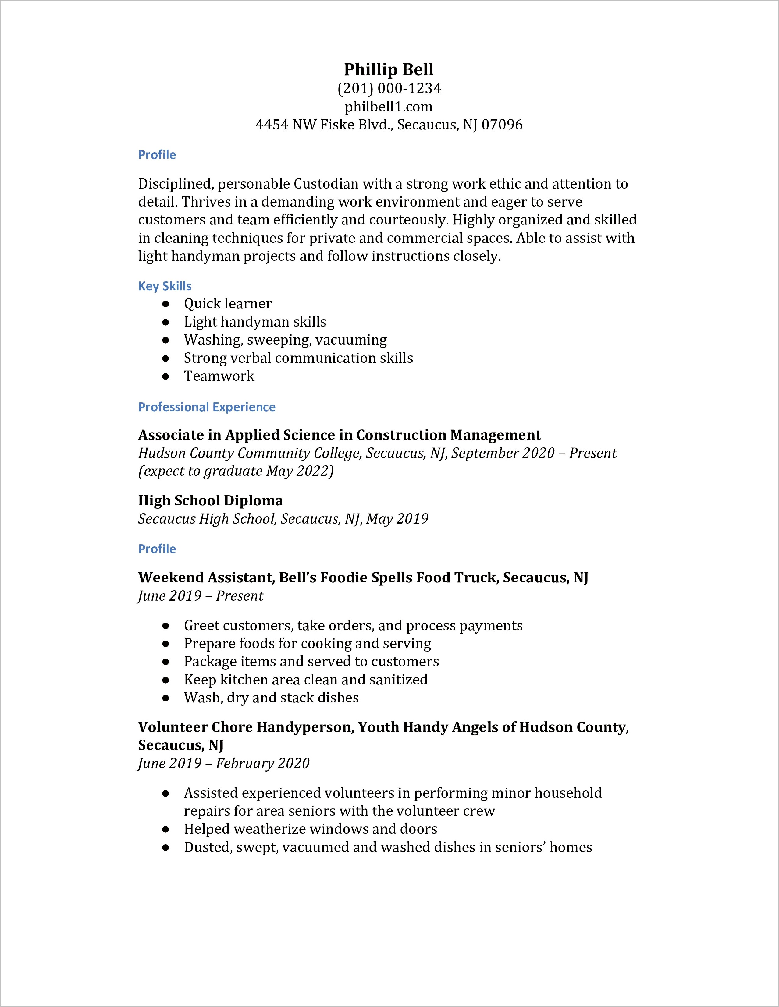 Simple Sample Church Resume For Janitor