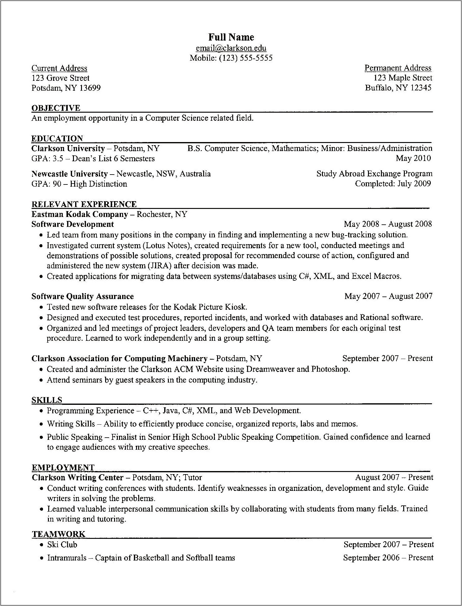 Skill Examples For Resume Computer Science
