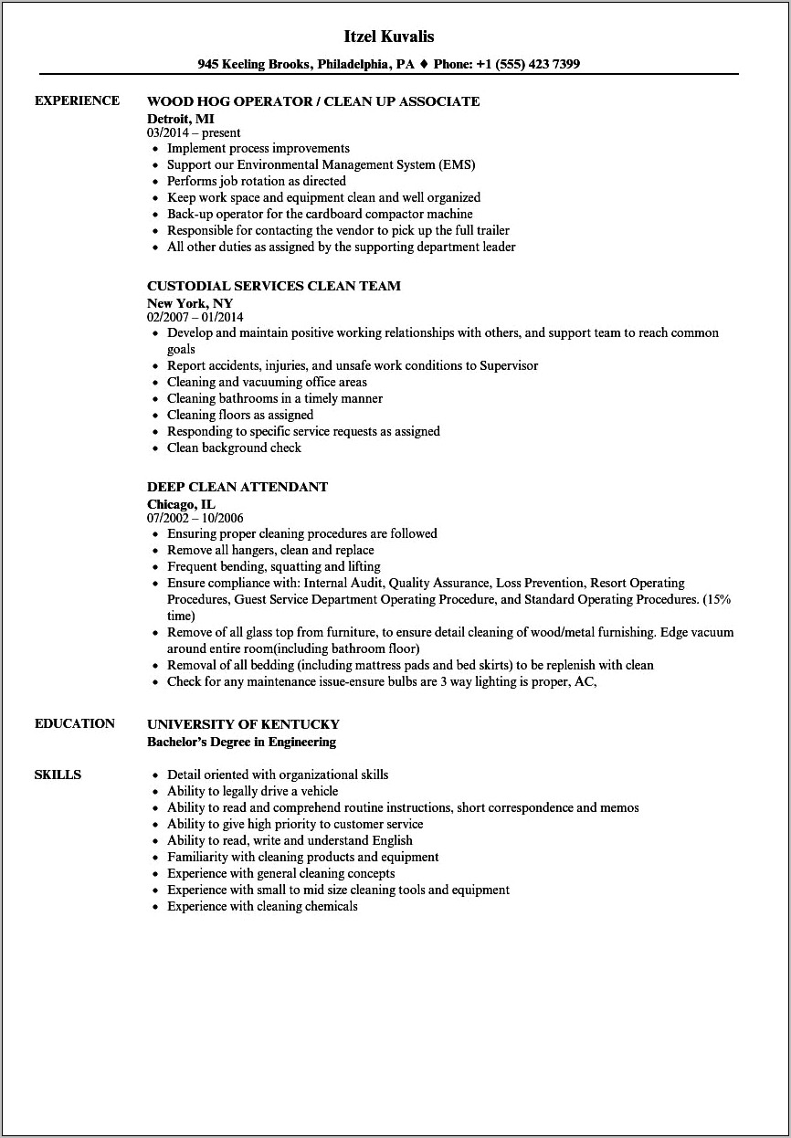 Skill Resume Knowledge In Commercial Cleaning