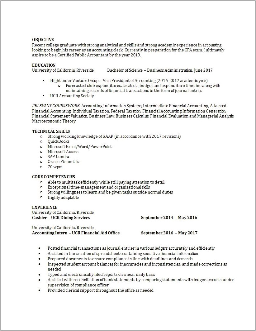 Skill Summary On Resume For Recent College Graduate