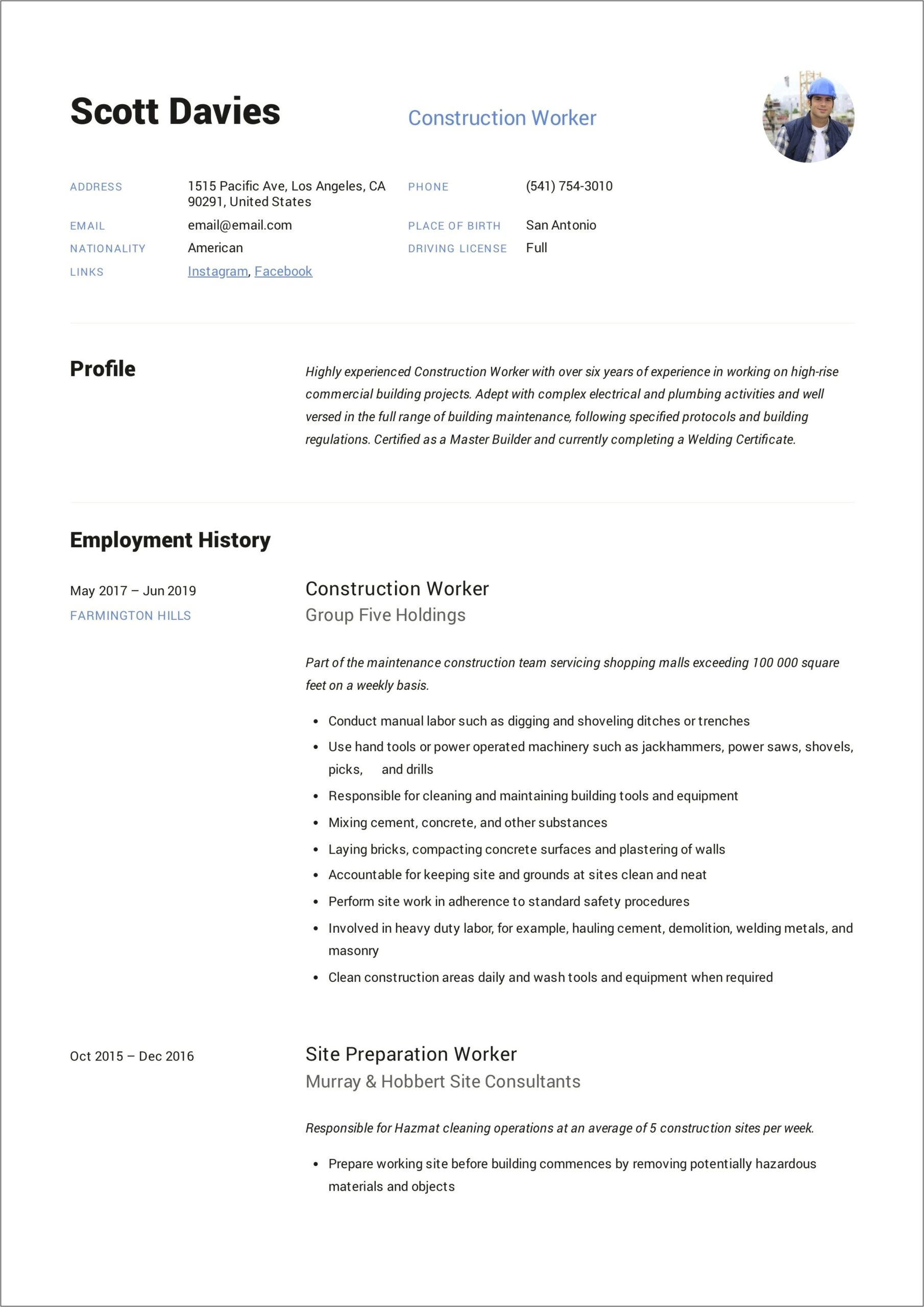 Skills And Abilities For Construction Worker Resume