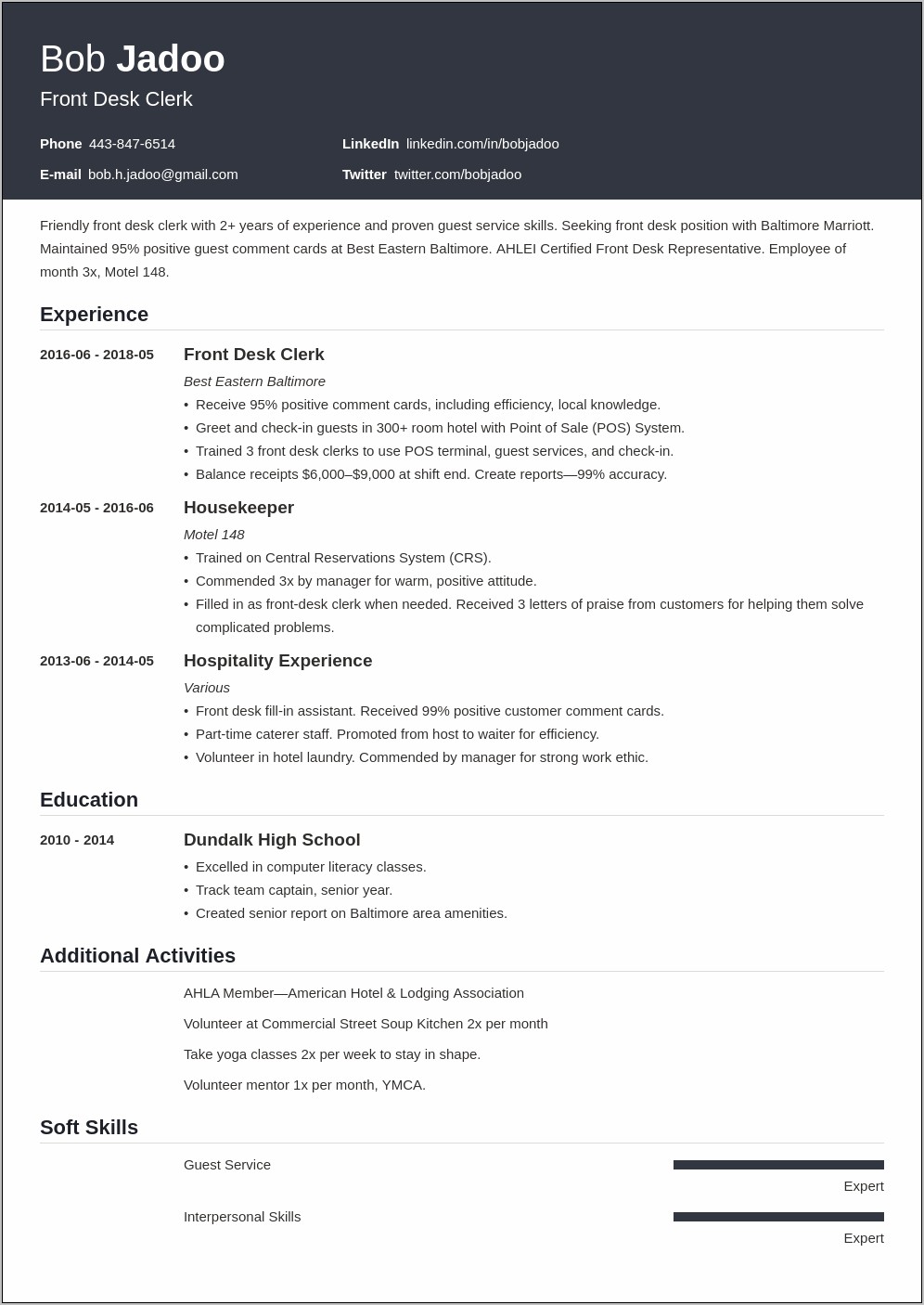 Skills And Abilities For Hospitality Resume Examples