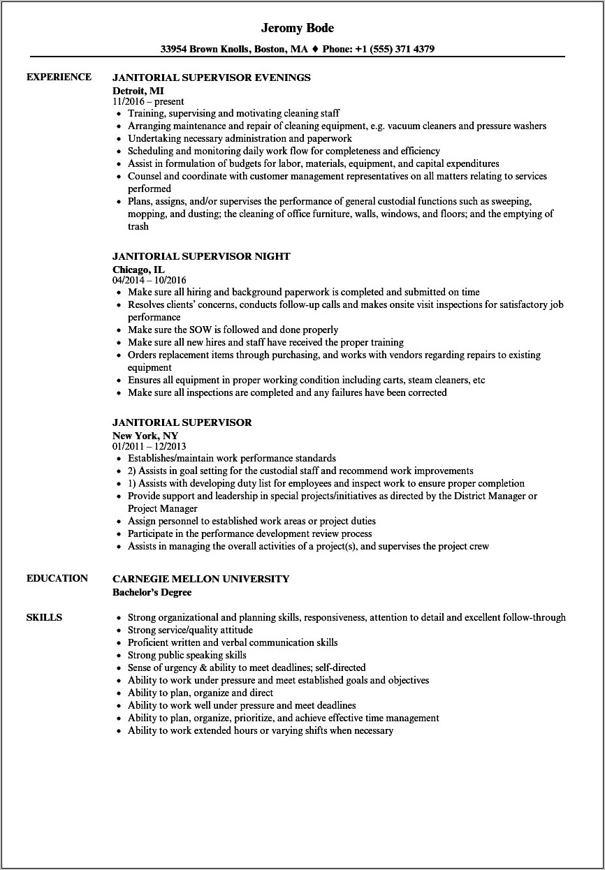 Skills And Abilities For Janitorial Resume