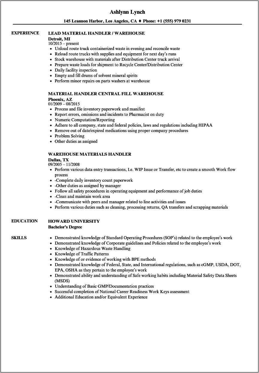Skills And Abilities For Material Handler Resume
