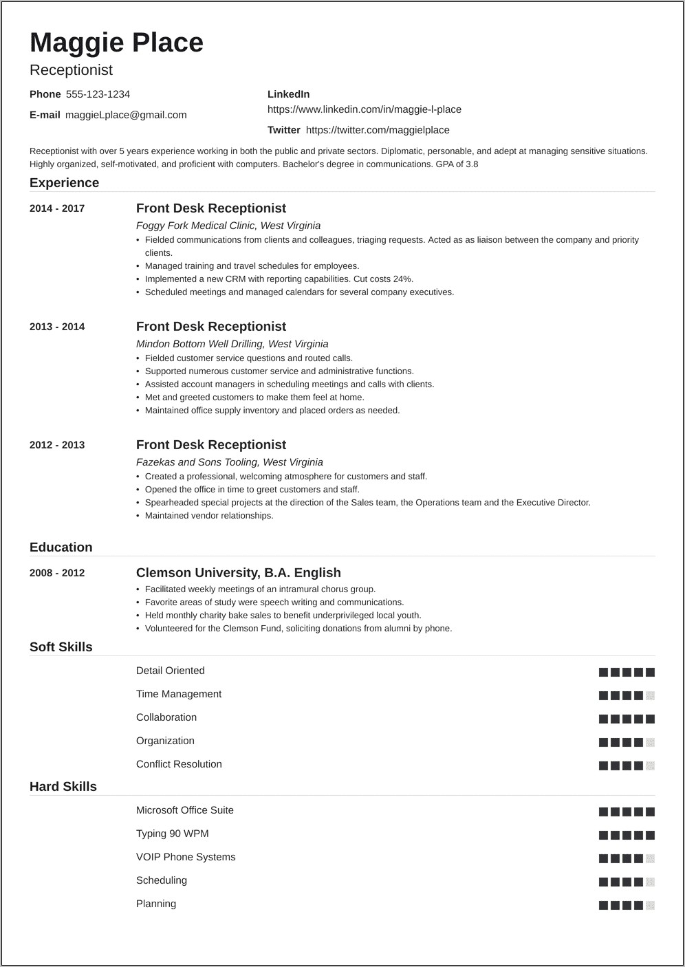 Skills And Abilities For Receptionist Resume