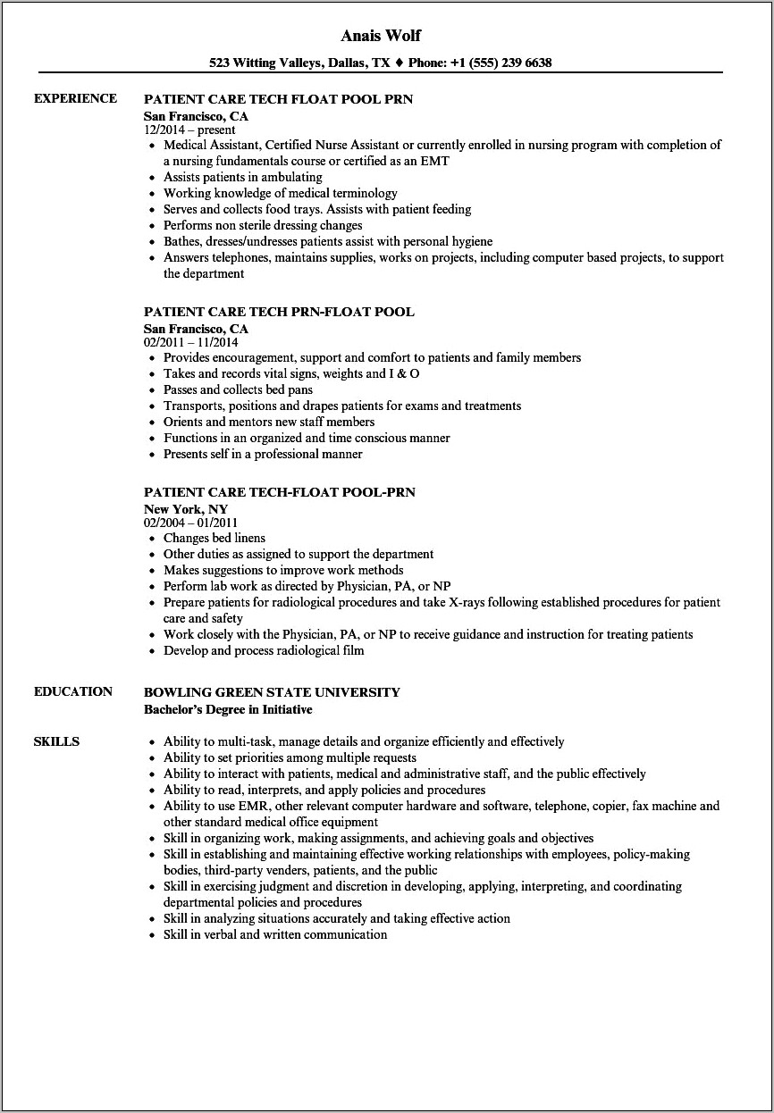 Skills And Abilities For Resume Patient Care Technician
