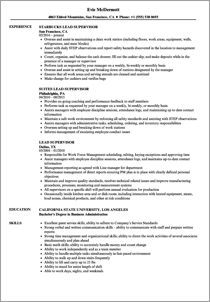 Skills And Abilities For Supervisor Resume