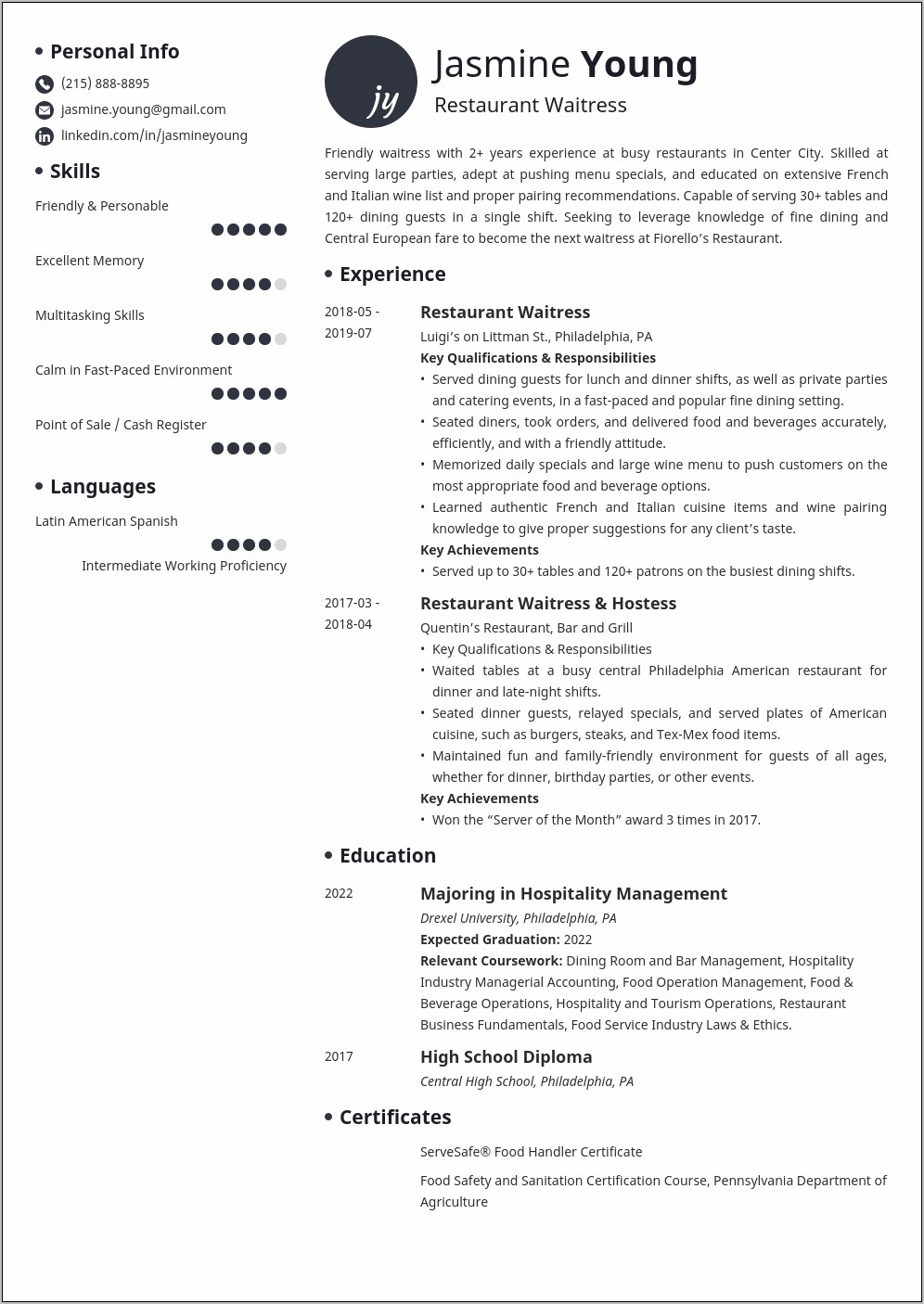 Skills And Abilities For Waitress Resume