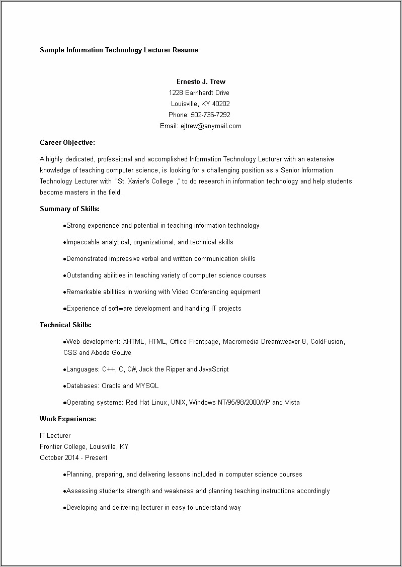 Skills And Abilities In Resume For Information Technology