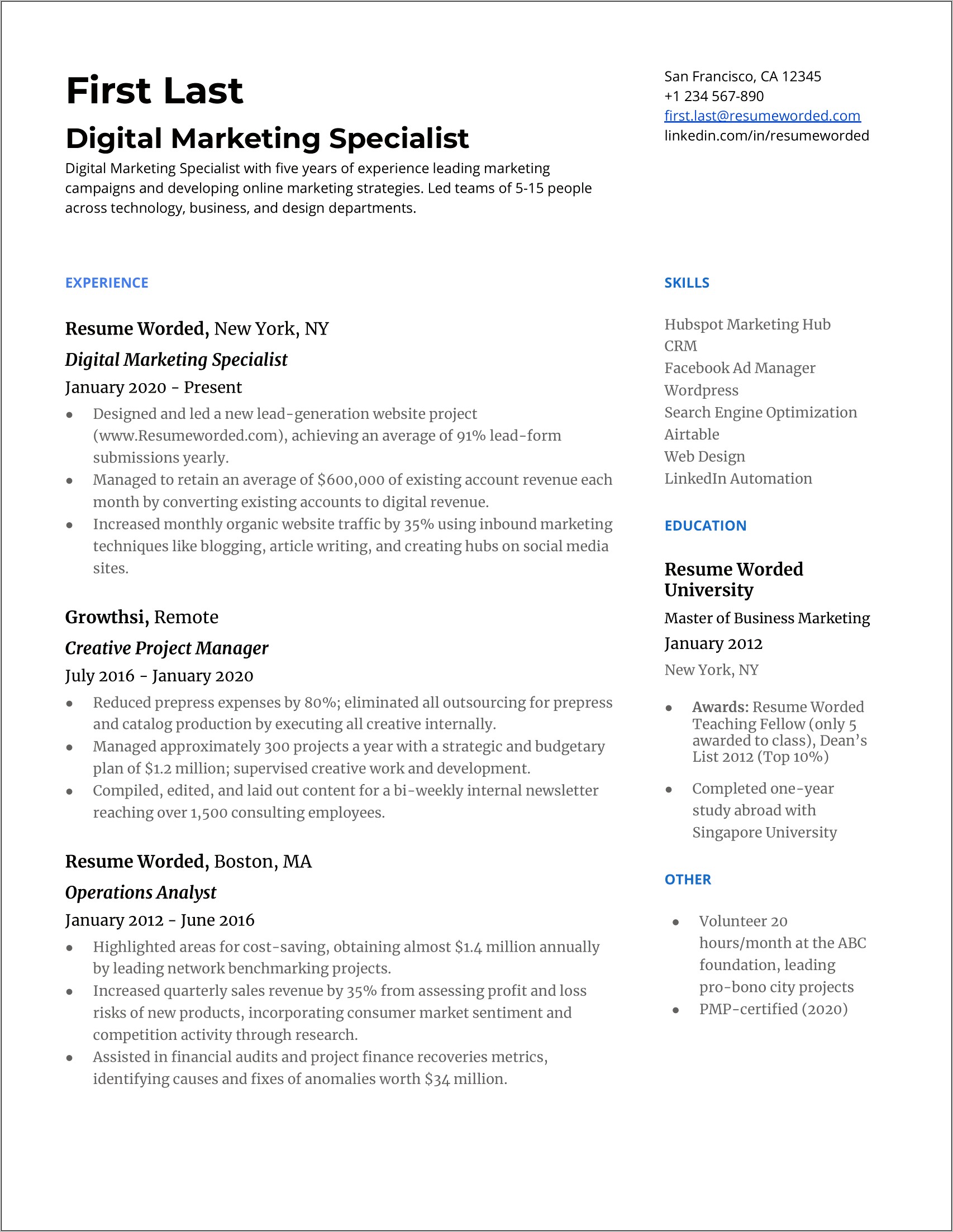 Skills And Experience Based Resume Example
