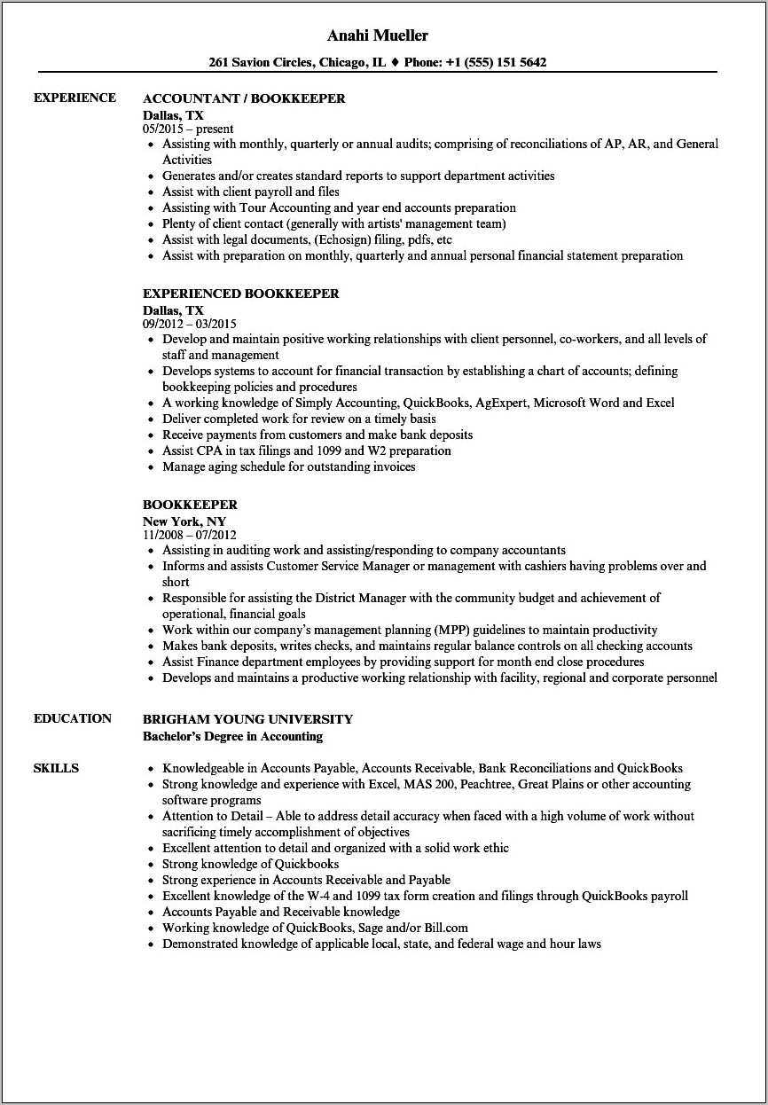 Skills And Qualifications For Bookkeeper Resume