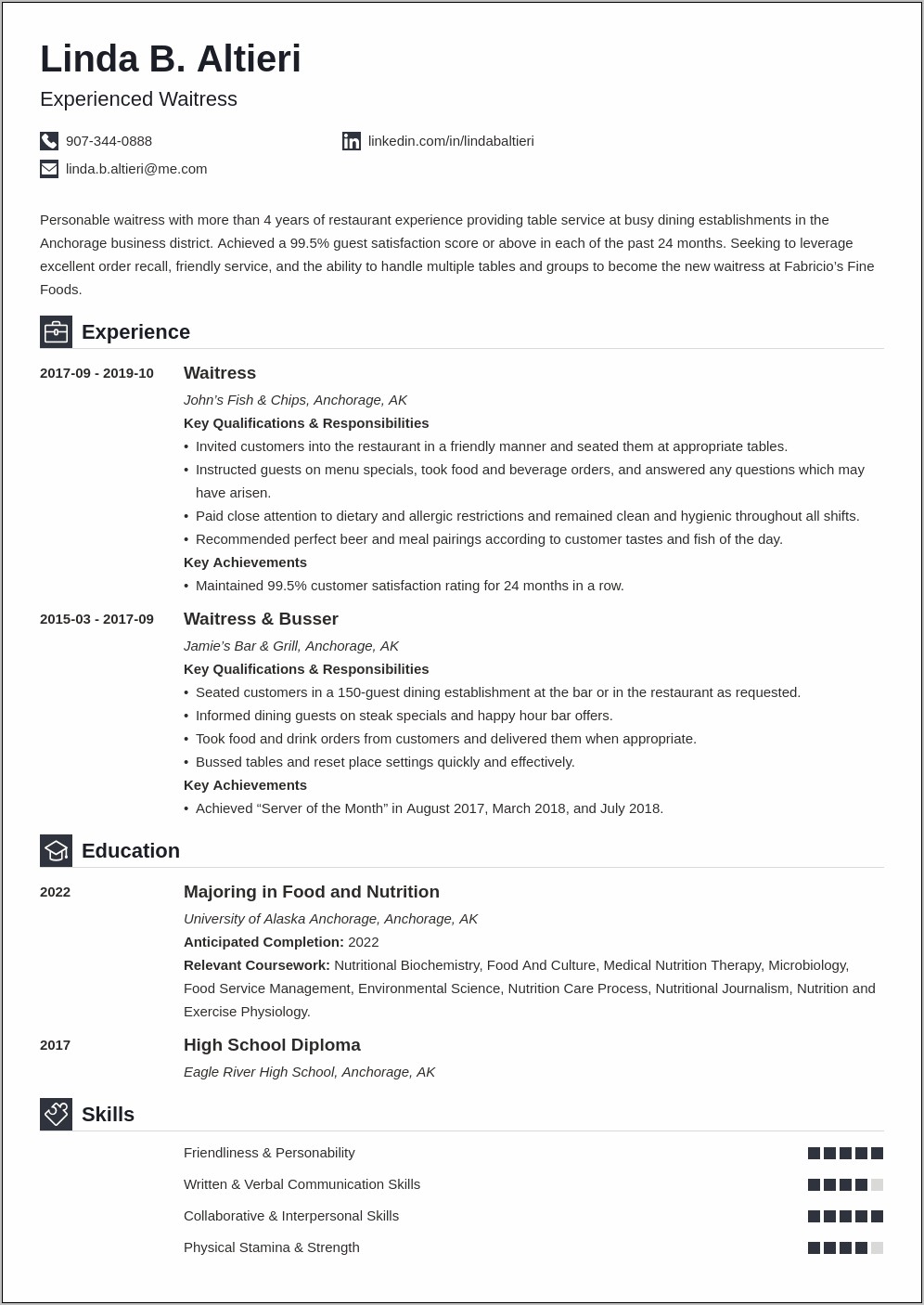 Skills And Qualifications For Resume Waiter