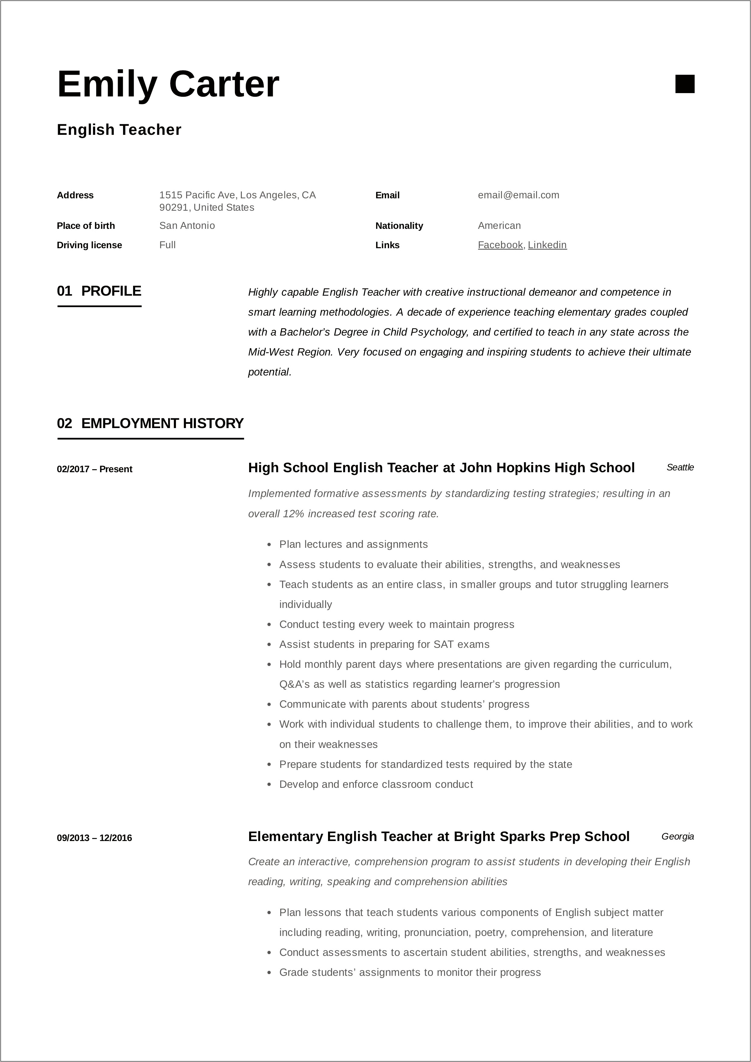 Skills And Stregnths On Resume Of A Teacher
