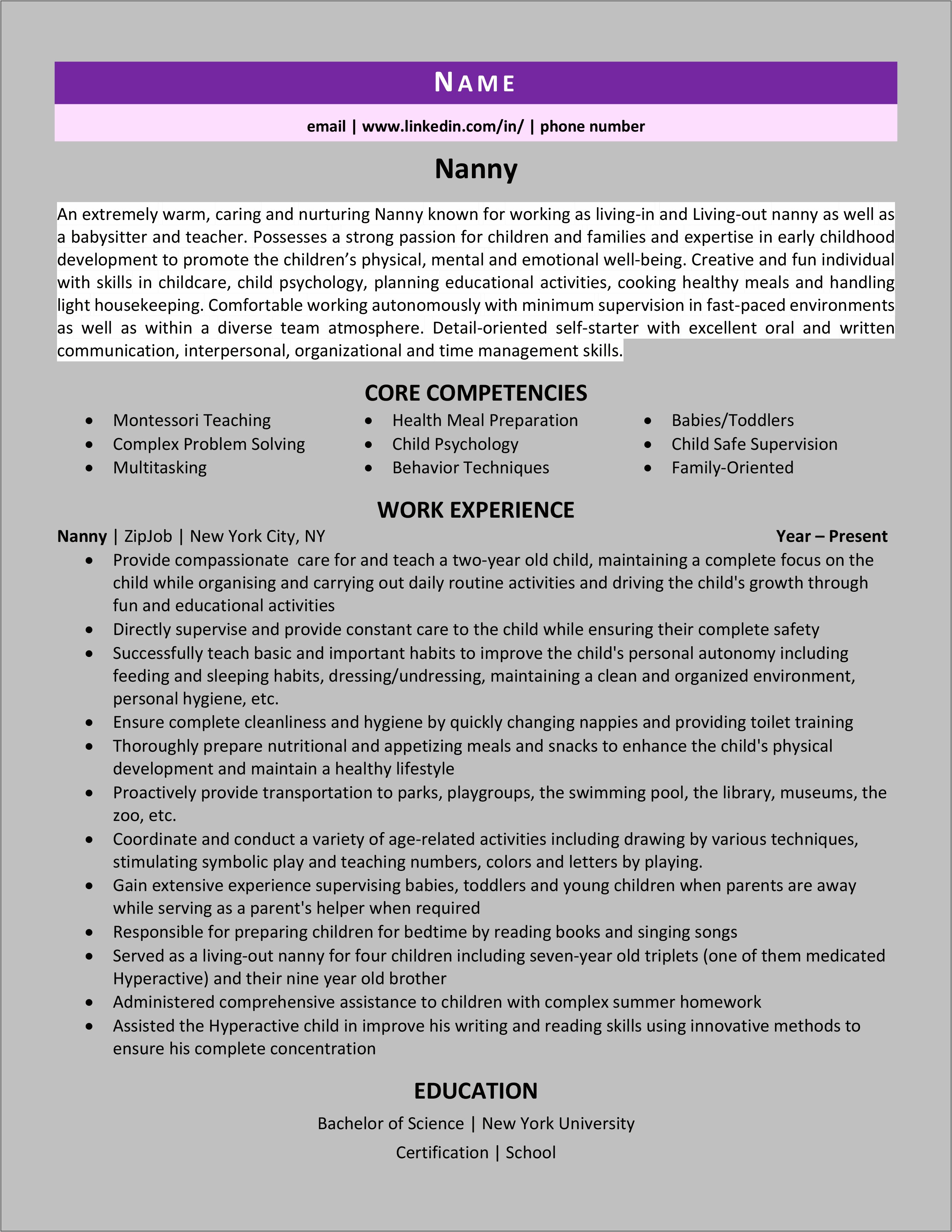 Skills As A Nanny In Resume